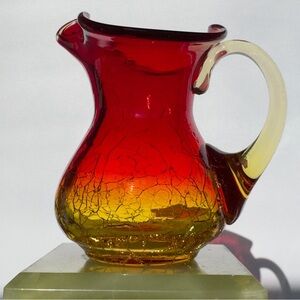Vintage Amberina Crackle Glass Pitcher Red Yellow Ombre Hand Blown Mini Pitcher